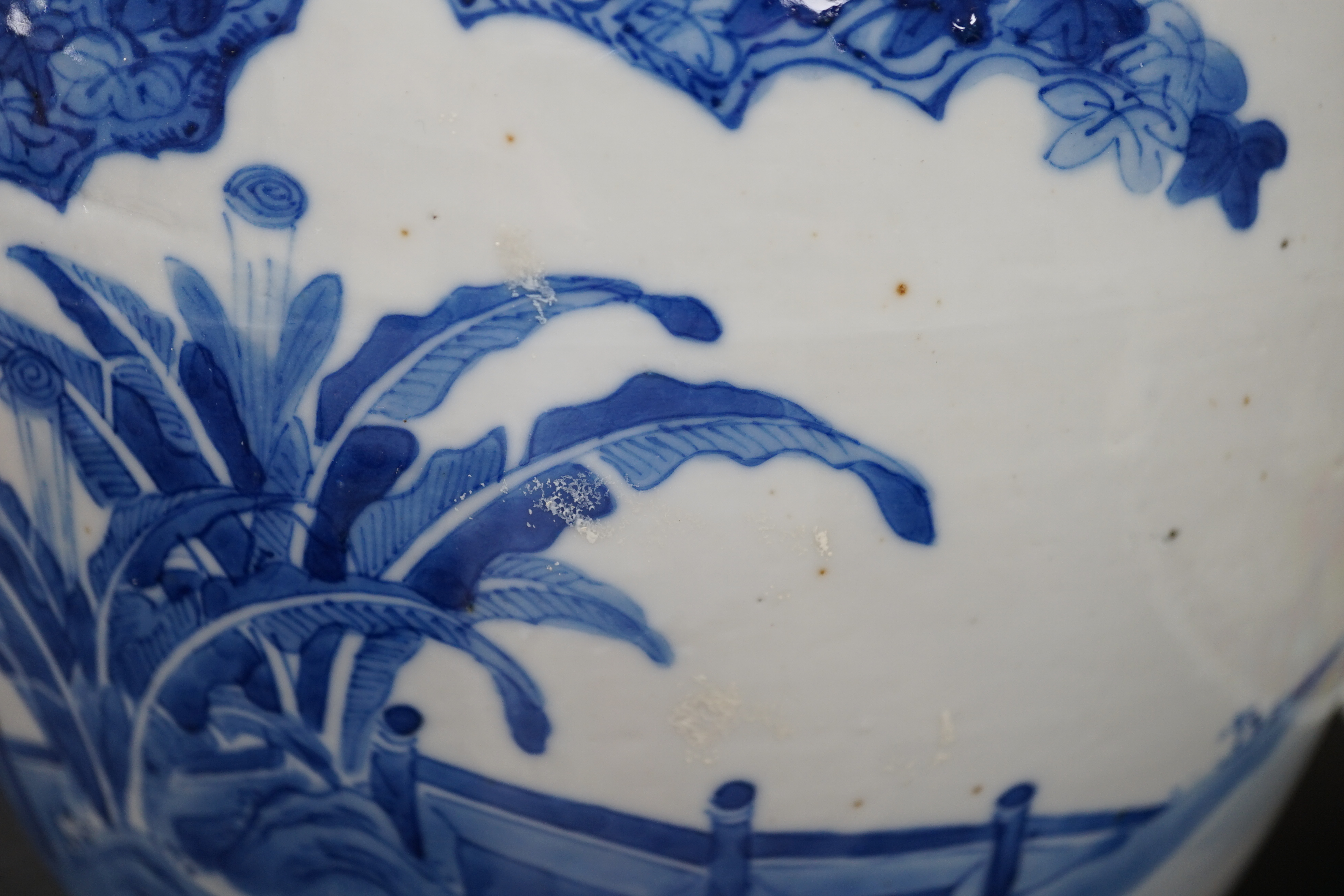 A large Chinese blue and white ‘Romance of the Western chamber’ ovoid jar and cover, Kangxi mark, but late 19th century